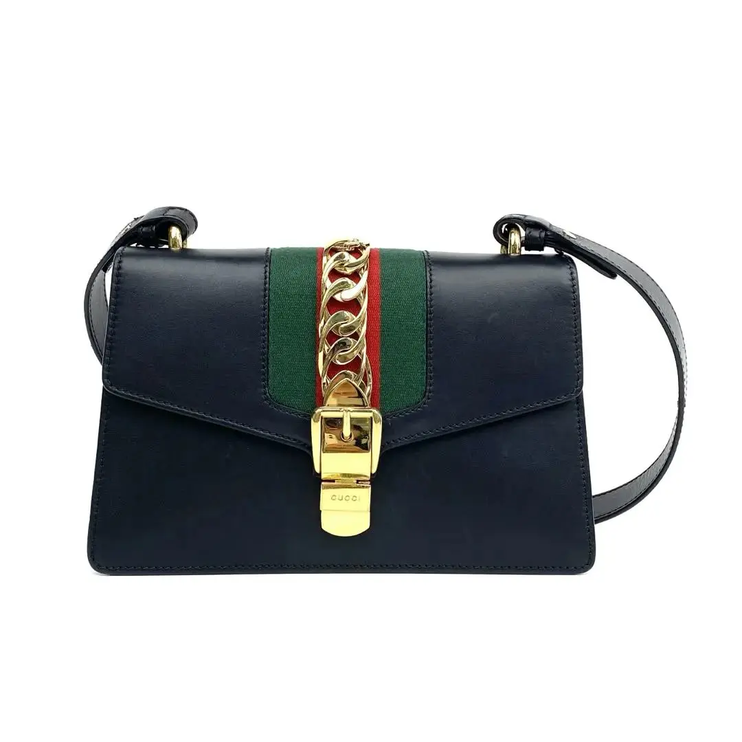 Pre-owned GUCCI Sylvie pp2y1404022 Small Shoulder Bag Black Green Red Leather Handbag Gold Hardware