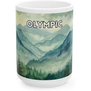 Scacco Matto Olympic National Park Mug – Watercolor Forest & Mountain Design – Nature Lover Gift – Ceramic Coffee Cup – 11oz/15oz