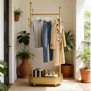 Move Anywhere Clothing Rack with Gold Finish & Storage Basket for Organized Wardrobe Storage Ideal for Home Organization