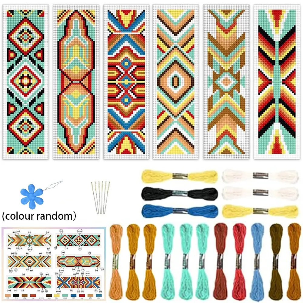 6-Piece Geometric Embroidery Bookmark Kit, Vintage Pattern Fabric Bookmarks, Beginner-Friendly Cross Stitch Set, Includes Threads & Tools for Book Lovers