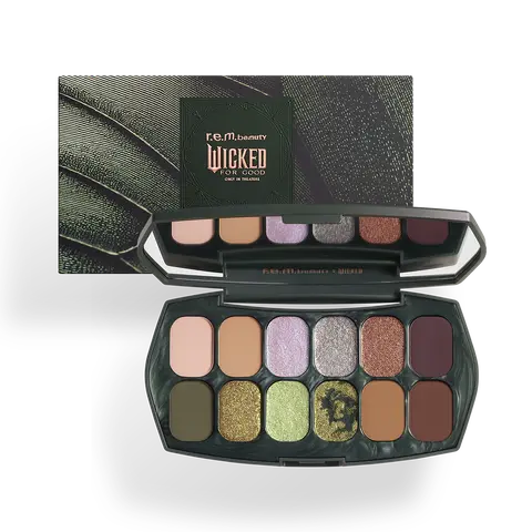 r.e.m. beauty x Wicked: For Good Ozian Forest Eyeshadow Palette - long-wearing and high-impact, highly pigmented, clean makeup, dup chromes, vibrant metallics, rich mattes