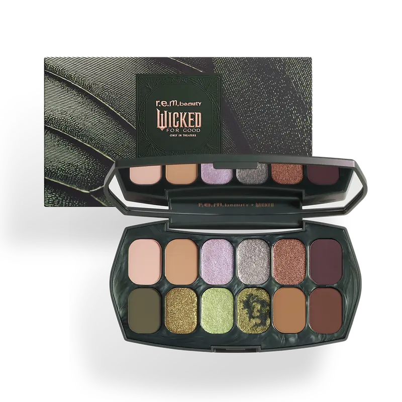 r.e.m. beauty x Wicked: For Good Ozian Forest Eyeshadow Palette - long-wearing and high-impact, highly pigmented, clean makeup, dup chromes, vibrant metallics, rich mattes