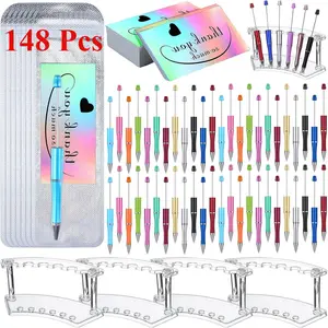 LOVE HOME 148 Pcs Beadable Pen Set Back to School Gift 48 Plastic Beadable Pen 48 Resealable Pouch Bag 48 Thank You Cards 4 Pcs Plastic Pen Holder Clear Display Stand for Student