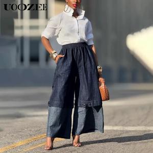 UOOZEE Women's Viscose-Cotton Mid Waist Denim Mom Jeans - Basic Wide-Leg Elastic Bottoms, Straight Leg, Breathable Lightweight Pants, Pockets, True to Size, Denim Blue, Minimalist Casual Streetwear, Pair with Blue Jeans White Shirt