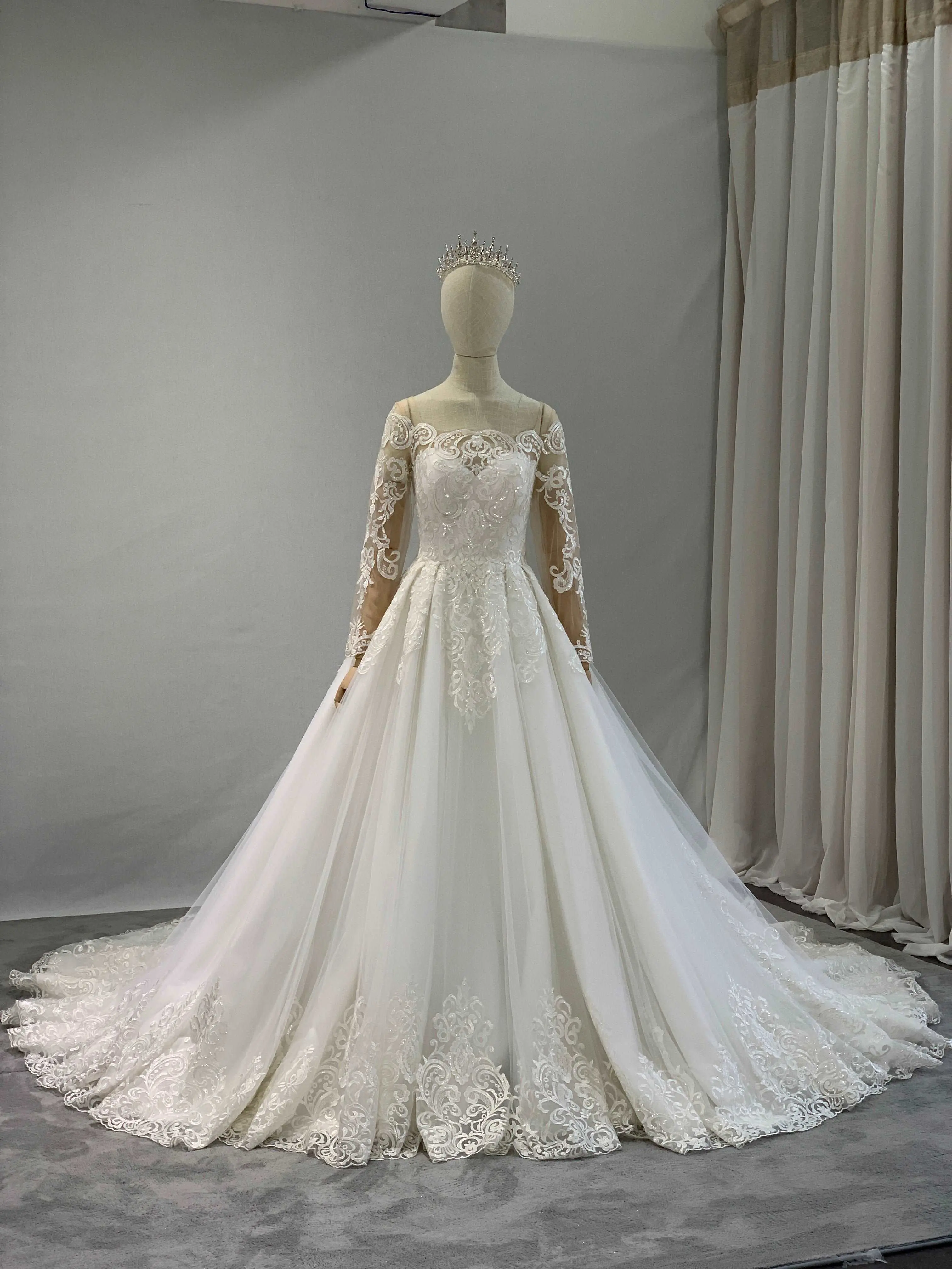 A-Line Lace and Tulle Wedding Gown for Women, Made-to-Order Clothes with Illusion Longsleeves, Scoop Neck, Chapel Train, and Button Zip Back, Illusion Scoop, Back Zipper, Custom