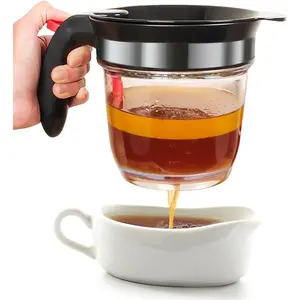 4 Cup Fat Separator With Bottom Release, Gravy Grease Separator for Cooking with Oil Strainer, Kitchen Cooking Gadget Packaged with 3-in-1 Multifunctional Peeler (Red)