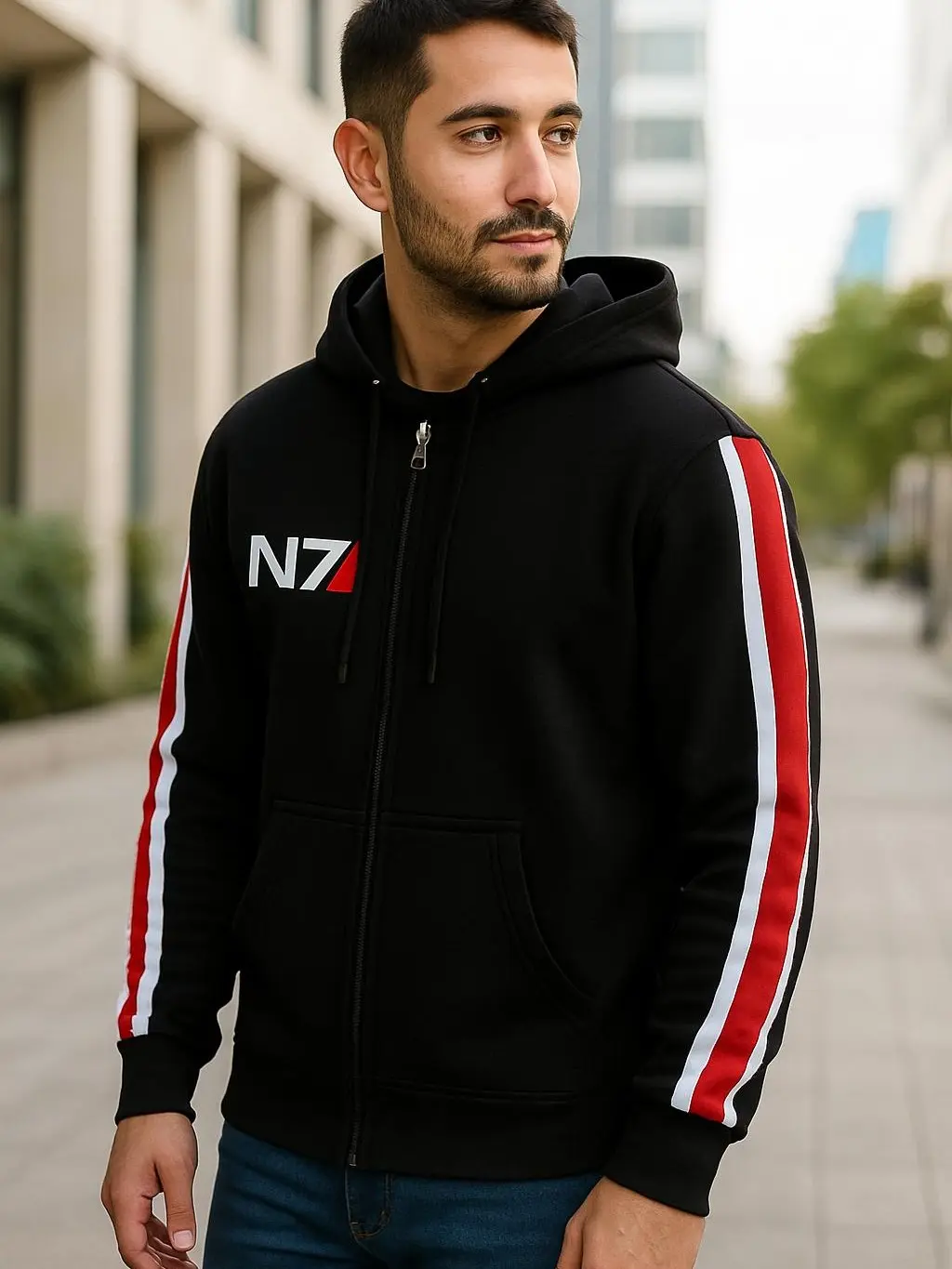 N7 Mass Effect Gamer Hoodie - Unisex Zip-Up Sweatshirt with Red White Stripe Design, Regular Fit, Cotton Blend, Spacious Kangaroo Pockets - Man Menswear Breathable Casual Print Streetwear Stylish Tops Day Pullover Jacket Uniform Zipper