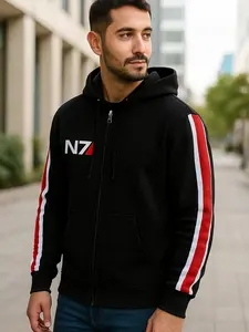 N7 Mass Effect Gamer Hoodie - Unisex Zip-Up Sweatshirt with Red White Stripe Design, Regular Fit, Cotton Blend, Spacious Kangaroo Pockets - Man Menswear Breathable Casual Print Streetwear Stylish Tops Day Pullover Jacket Uniform Zipper