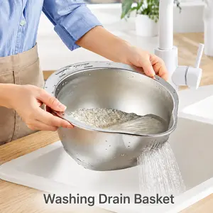 Multi-Functional Stainless Steel  Rice Washing Drain Basket, for Home Kitchen Dining Picnic Use,  Kitchen Strainer Bowl , Durable  Anti-Rust Quick Draining Basket for Rice Fruit Vegetable Cleaning Storage
