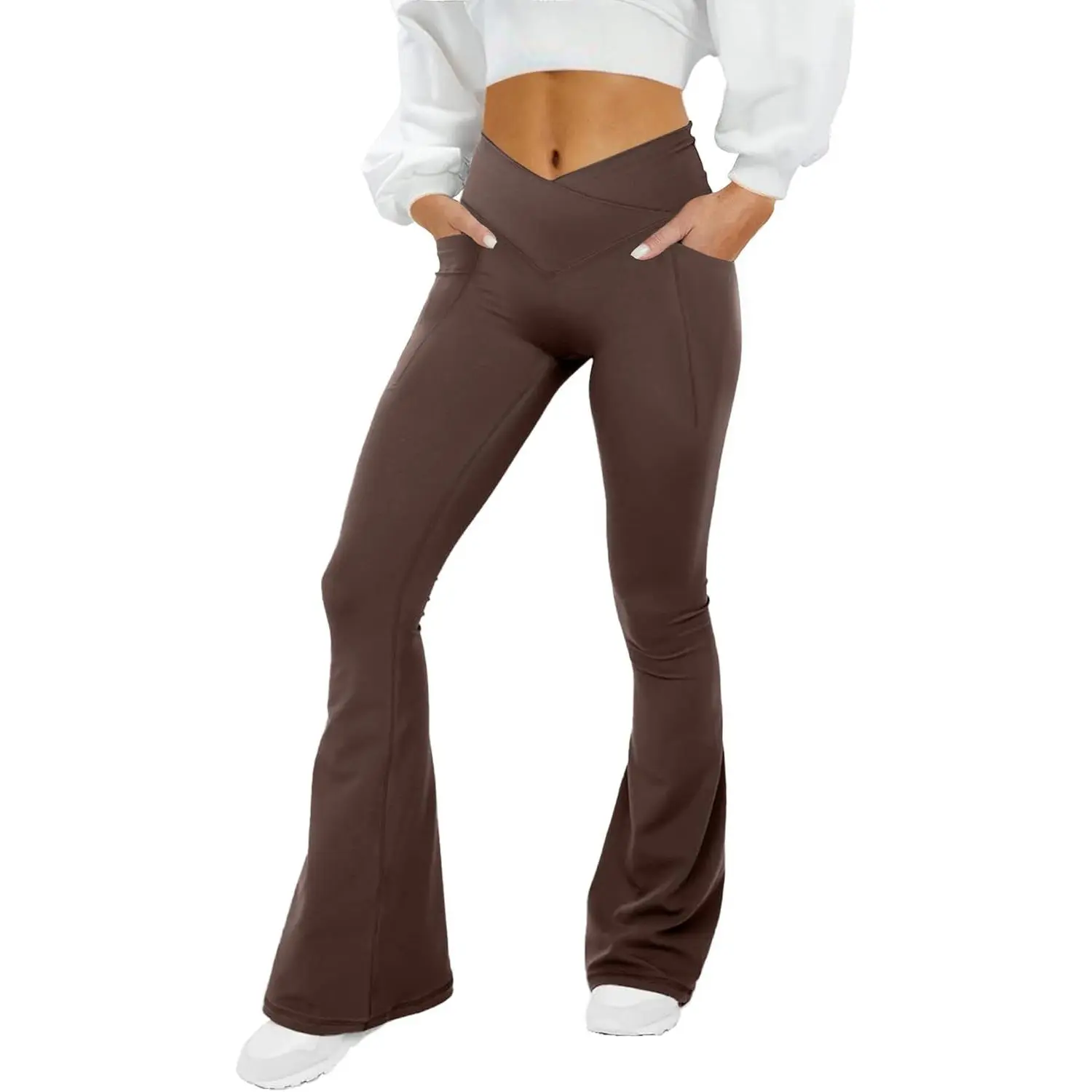 COPYLEAF Women's Yoga Pants Crossover Flare Leggings with Pockets High Waisted Seamless Workout Leggings Brown, Large