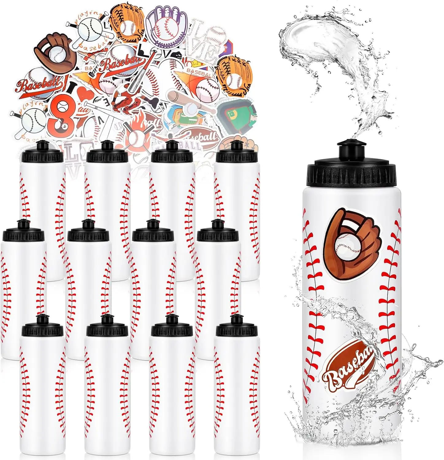 12 PCS Baseball Water Bottle Bulk with 300 PCS Stickers, 20 OZ Plastic Reusable Baseball Water Bottles for Boys, Squeeze Water Bottles Sports for Baseball Team, Sports Bottles Squeeze for Gym