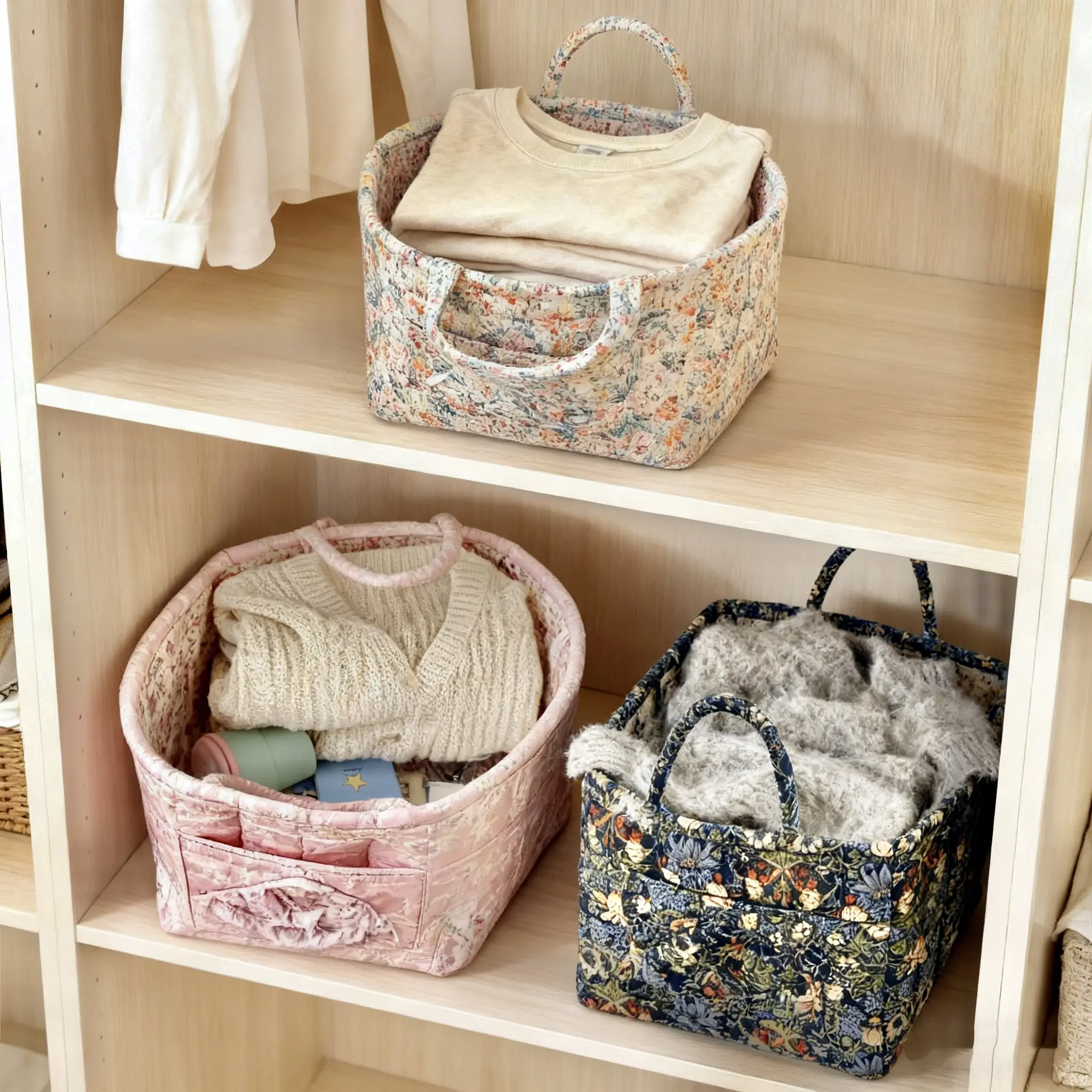 Floral Fabric Storage Bag, Washable Foldable Floral Pattern Basket, Ideal for Clothes, School Supplies, Small Household Items, Dual Hand Handles, Portable Storage Basket