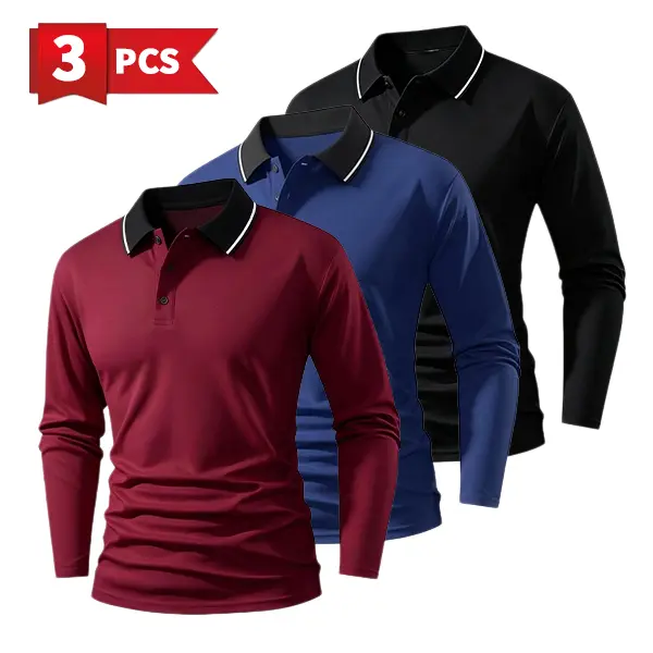 Men's 3-Pack Slim Fit Formal Polyester Polo Shirts - Long Sleeve, Contrast Trim Turn-Down Collar, Wrinkle Resistant, White Black Dark Blue, Office/Everyday Meeting Versatile Soft Tops Set