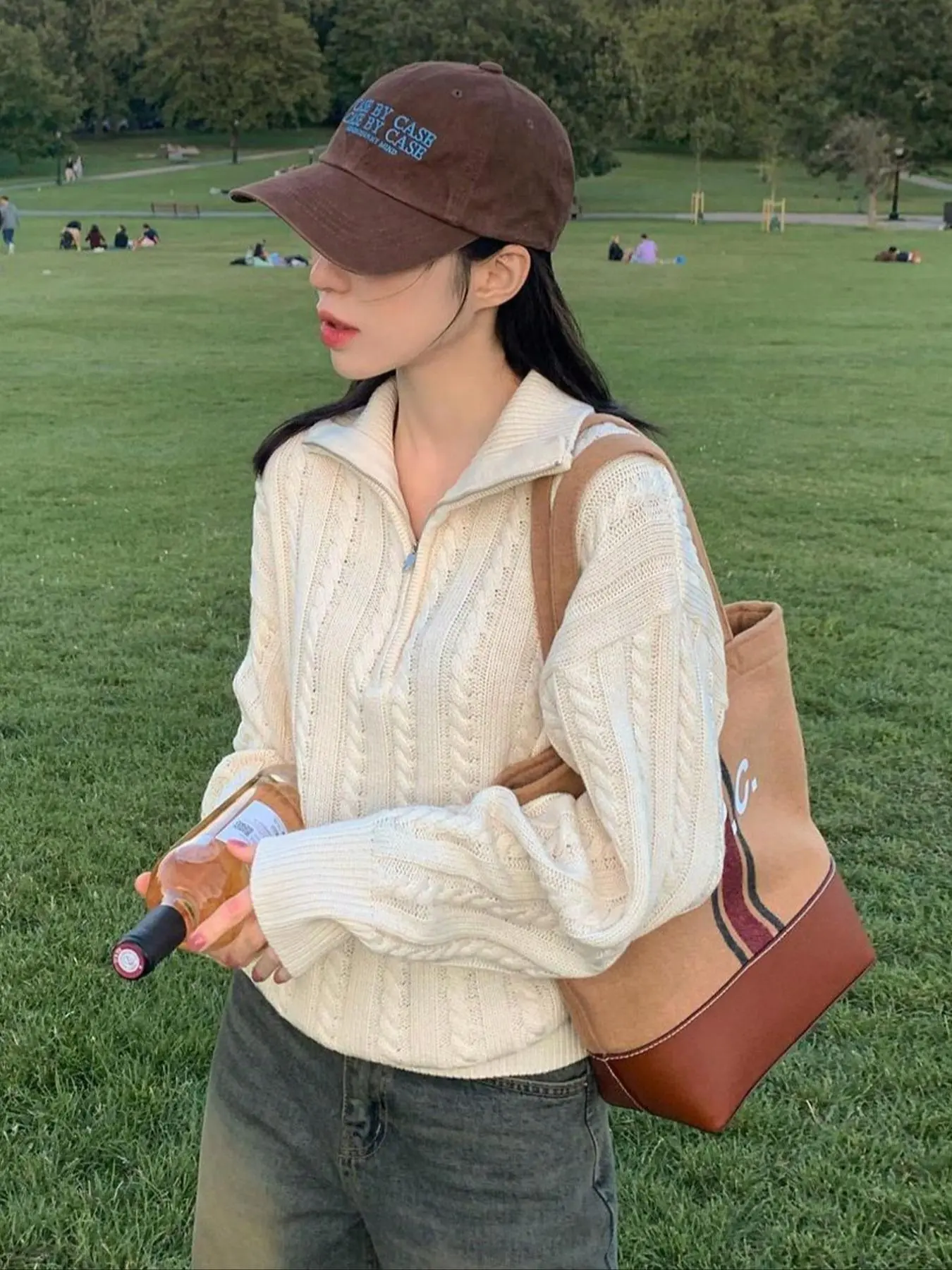 Women's Plain Zipper Design Cable Knit Sweater, Casual Long Sleeve Collared Jumper for Fall & Winter, Fashion Ladies' Knitwear for Daily Wear