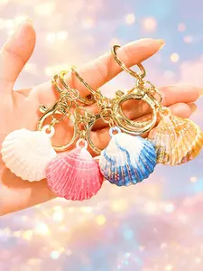 4Pcs Iridescent Gradient Scallop Shell Keychain Set with Gold Lobster Clasp Ocean Seashell Pendant Aesthetic Backpack Bag Charm Summer Beach Vacation Gift for Women Girls Teens Ocean Lovers