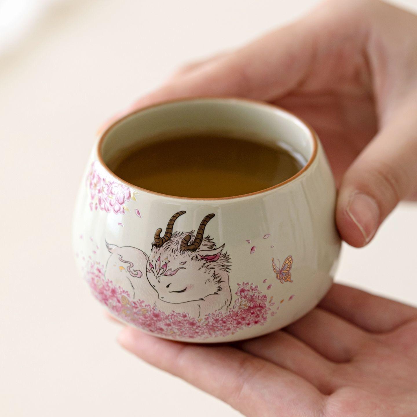 A424. Cute Pink Ceramic Tea Cup with Plant Ash Glaze and Lucky Deer Design — Personalized Tea Cup