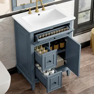 24" Bathroom Vanity with Sink, Bathroom Vanity Cabinet with One Flip Drawer and Two Drawers, Adjustable Shelf, Solid Wood and MDF, Blue Gray