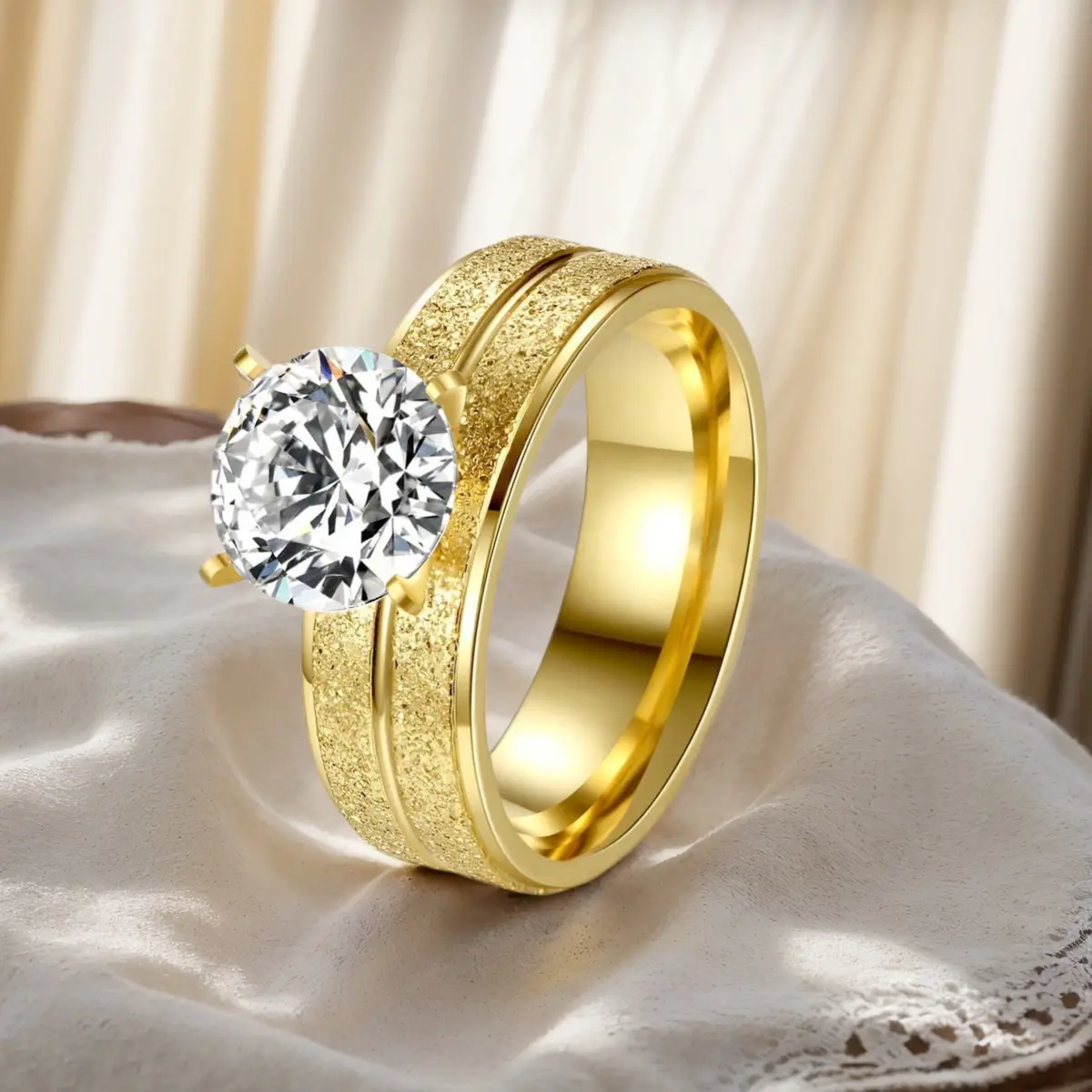 Matte Wide-Band Stainless Steel Statement Ring - Adorned with Romantic Synthetic Zirconia, Ideal for Engagements, Anniversaries,summerwins