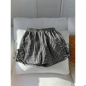 Decorated s White And Black Comfortcana Plaid Woven Women Bow Shorts