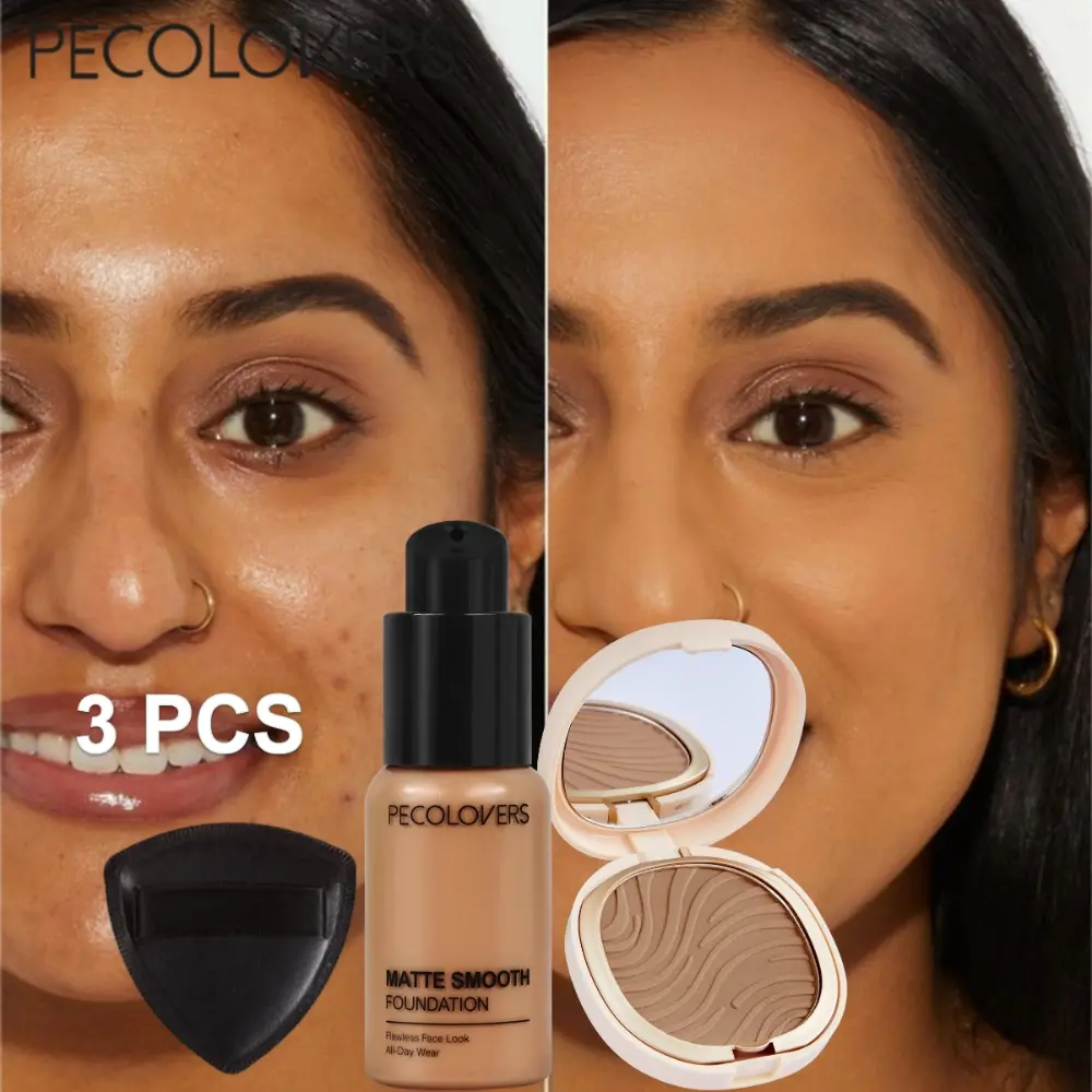3Pcs Even Coverage Foundation And Powder Puff And Pressed Powder Set, Non-Sticky Base Makeup Kit, Fine Fixing Skin Tool, Daily Commute Beauty Kit For All Skin Types, Cold White And Natural Tone, Face Cosmetic Goods