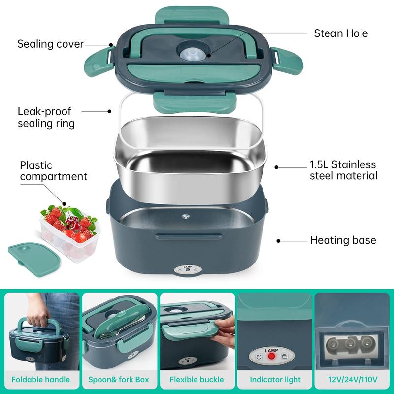 Electric Lunch Box for Adults, 1.5L 60W Leakproof Heated Lunch Box | 12/24/110/220V Portable Food Warmer for Car, Truck, Office with SS Fork&Spoon and Insulated Carry Bag , Lonchera Para Trabajo