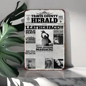 Vintage Texas Chainsaw Massacre Metal Tin Sign, Retro Travis County Herald Newspaper Style Wall Art, Horror Film Fan Home Decor, Waterproof Iron Plaque for Indoors & Outdoors, Pre-Drilled, 7.87x11.81 inches, For Ages 14+