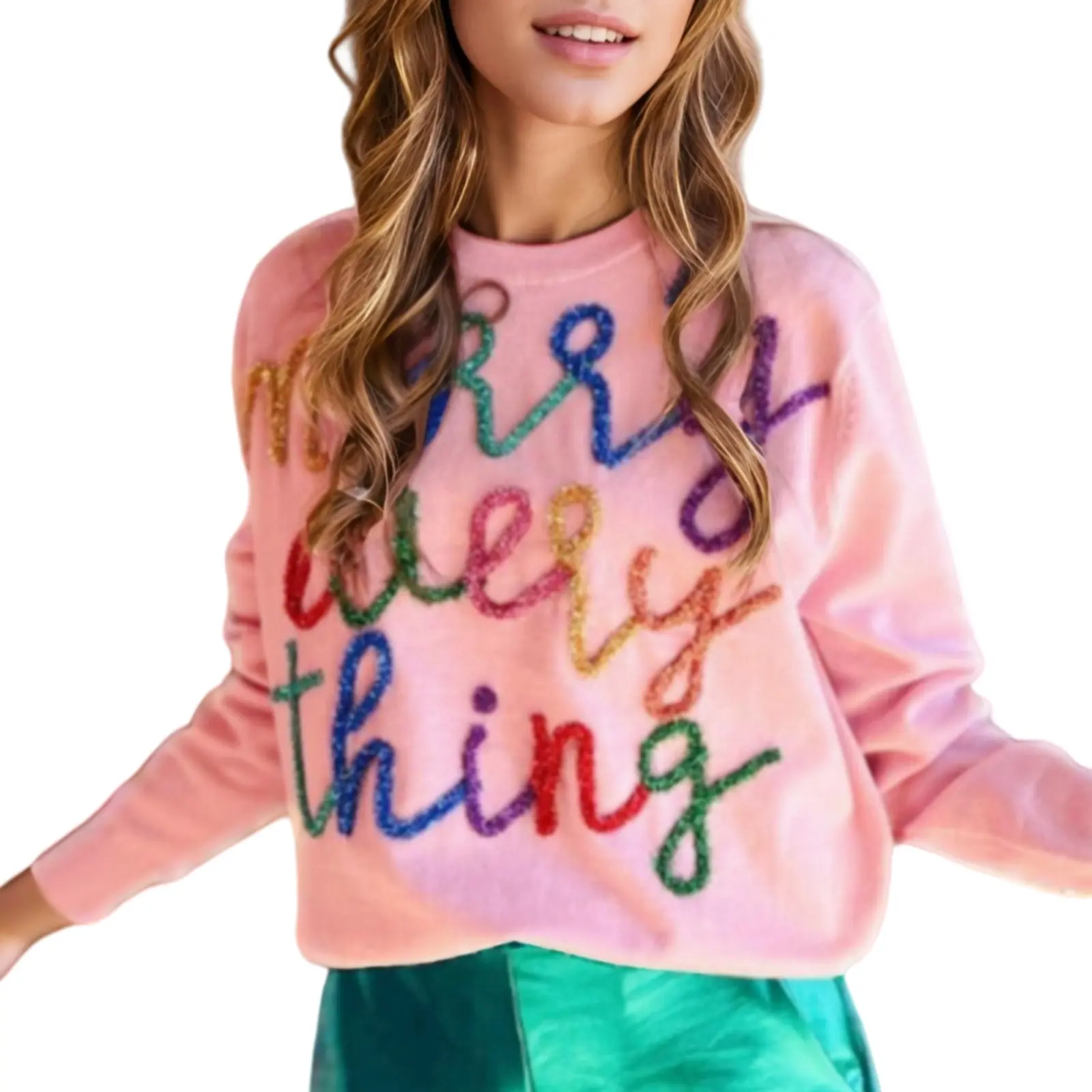 Asvivid 2026 Christmas Gift Holiday Merry Everything Tinsel Graphic Casual Colorful Letter Round Neck Knitted Sweater Pullover Tops sohochic