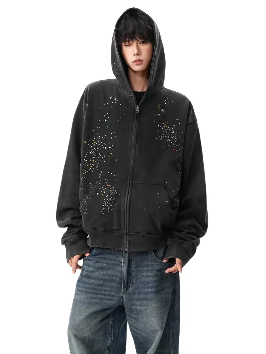 Hotfix Rhinestone Star Zip Up Hoodie Vintage Washed Hoodies