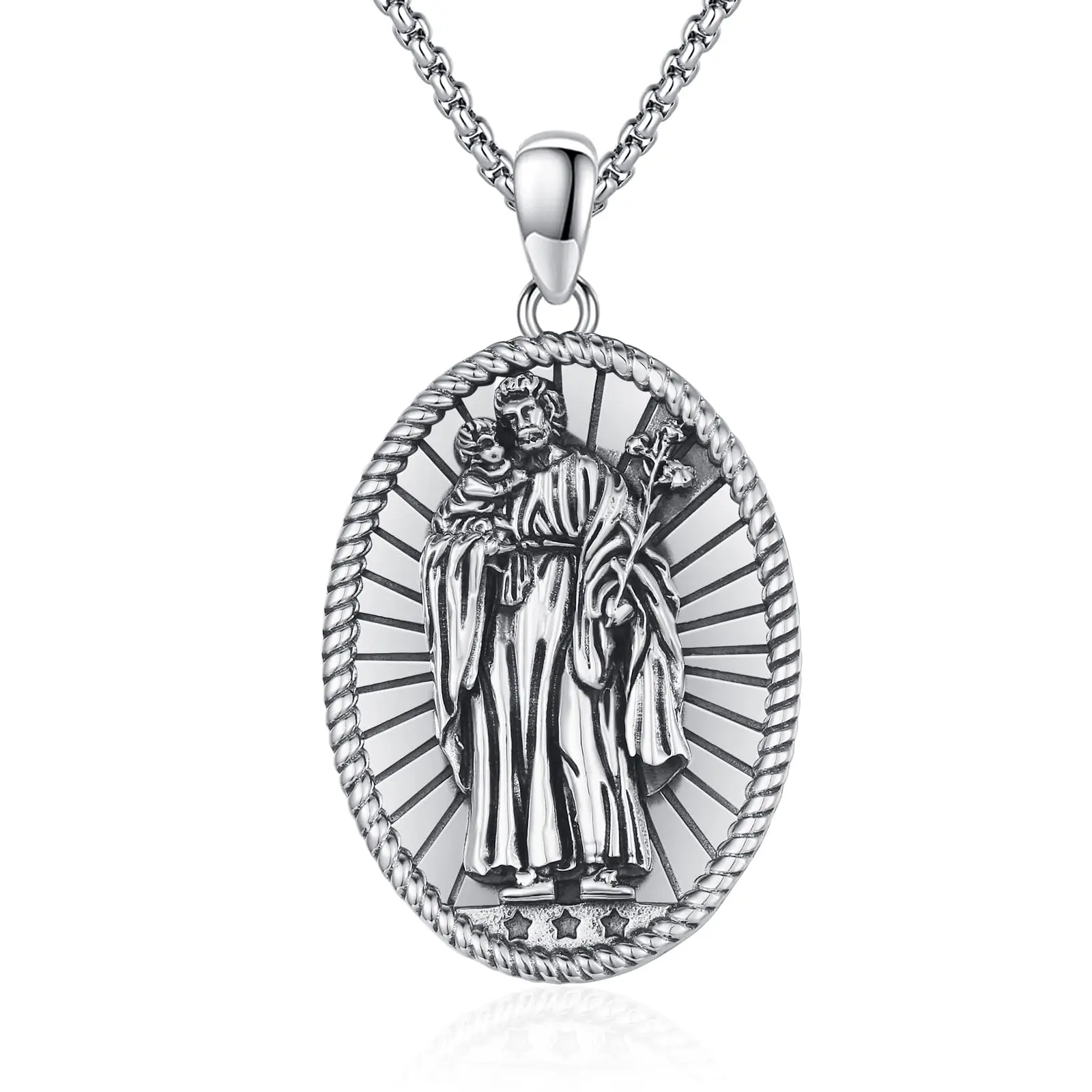 DRINSPER 925 Sterling Silver Saint Joseph Pendant Necklace - Patron Saint of Carpenters & Families, Religious Protection Amulet, Casual Daily Wear Jewelry Gift for Male Adults