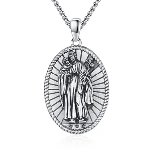 DRINSPER St Joseph Necklace 925 Sterling Silver Pendant Saint Joseph the Foster Father of Jesus Christ Patron Saint of Carpenter and Family Daily Wear Silver Jewelry Religious Protection Amulet Gift for Men