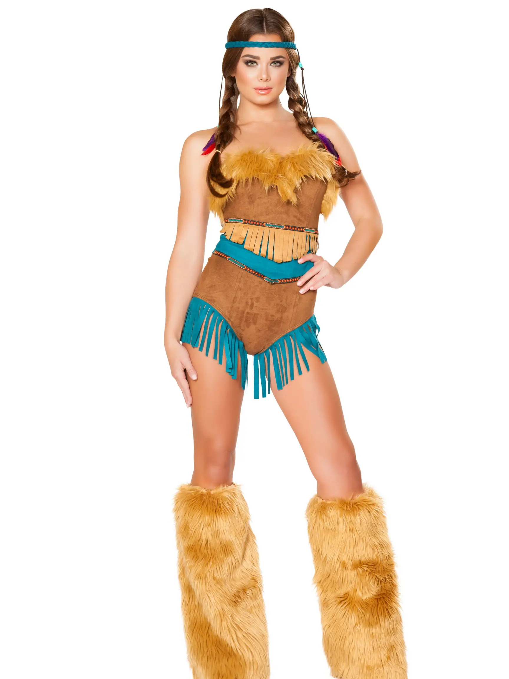 Roma Costume Women's 2-Piece Tribal Vixen Costume Set - Backless Romper with Faux Fur, Fringe Detail and Waist Cincher for a Festival or Party, Lightweight, Comfortable, Clothes, All Seasons, Waist Cinched, Hollow Cutout