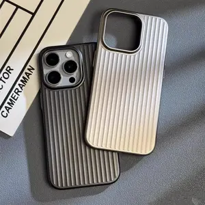[LX] Luxury Natural Titanium Pc Phone Case For IPhone 15 14 13 17Pro Max 16 Plus, Electroplated Grating Corrugated Hard Back Cover Corrugated Phone Case