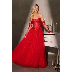 Ladivine CD717 Strapless A-Line Gown Lace Applique Tulle Skirt