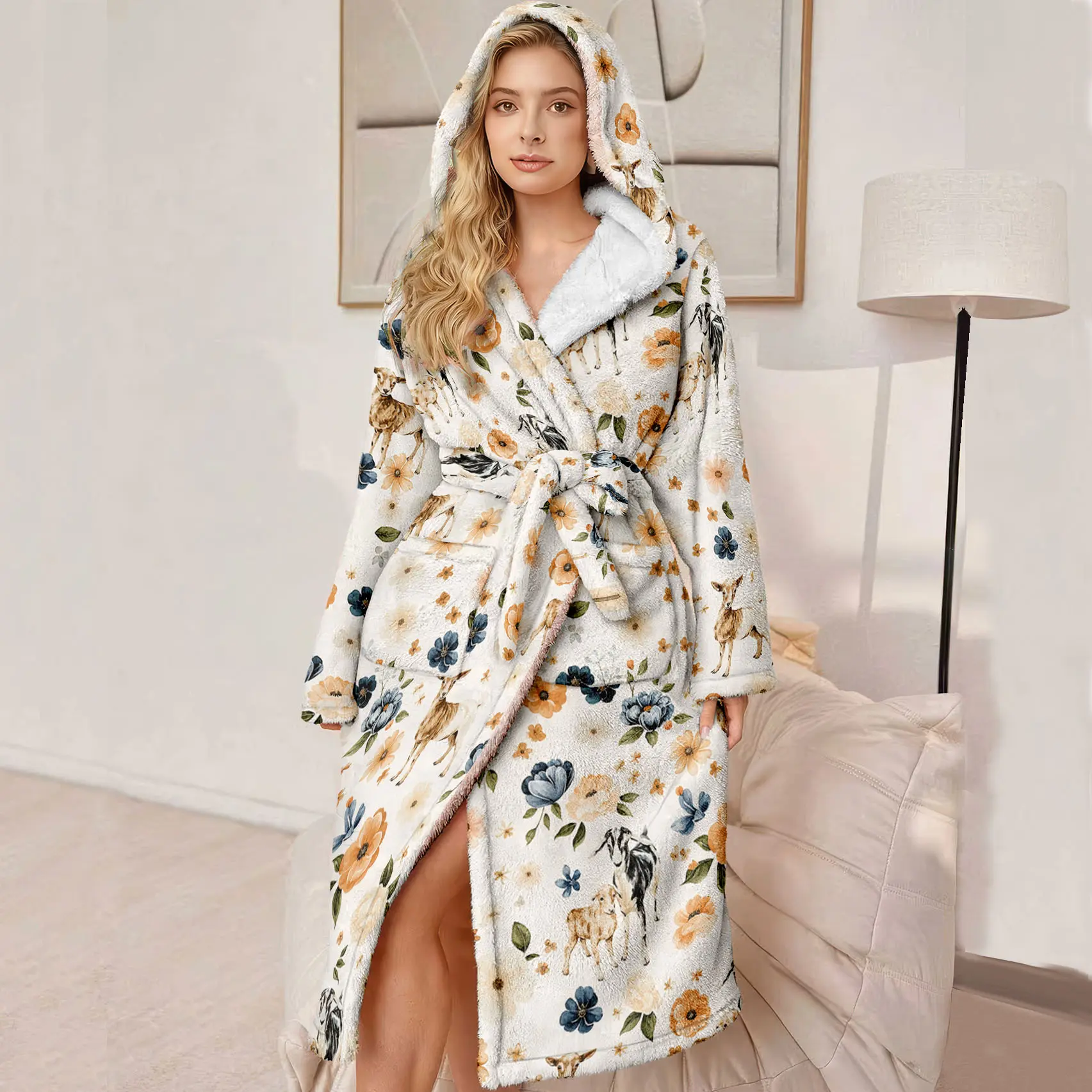 Plus Size Women's Hooded Luxury Bathrobe, Ultra-Comfortable Plush Robe with Belt and Pockets, Floral Pattern, Winter Gift for Mom and Wife