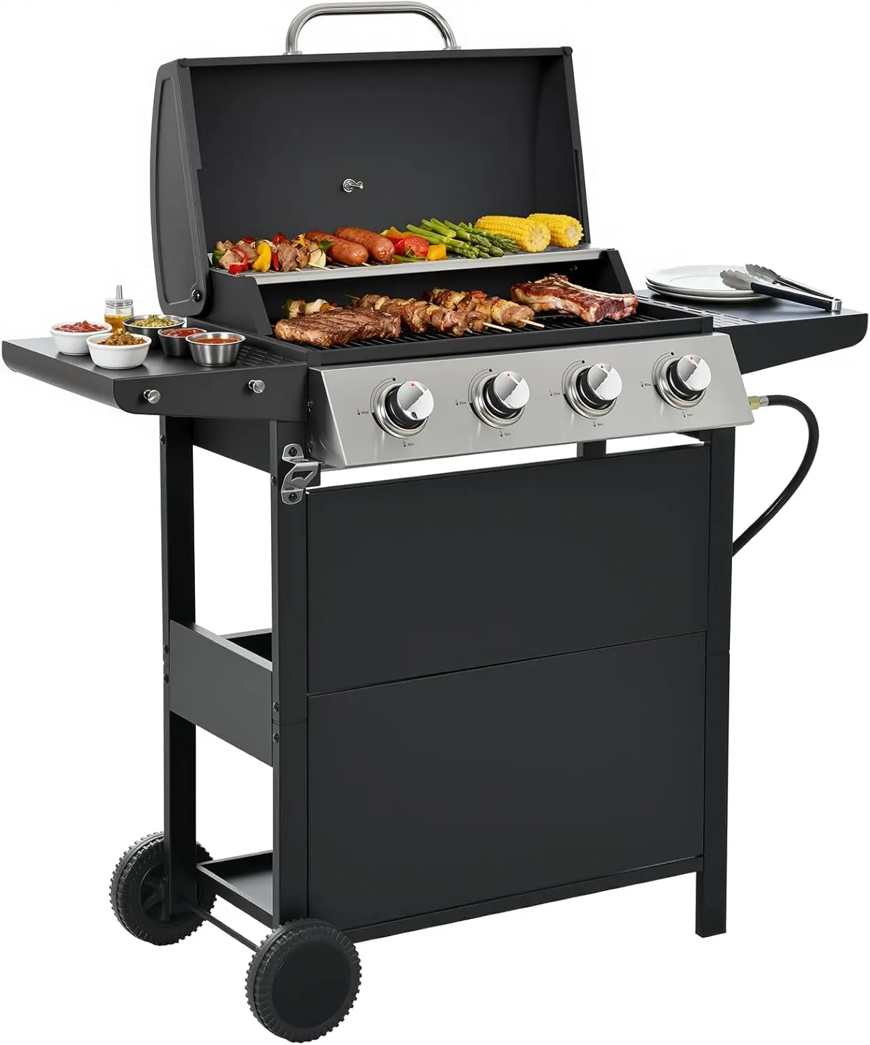 4-Burner Stainless Steel Gas Grill for Meal Prep - 34,000 BTU Total Output, 421 sq.in Cooking Area, Powerful Even-Heat System for Large Family BBQs, Backyard Parties