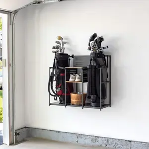 Pinehurst Golf Wall Mount Double Organizer - Steel Storage Rack with Rubber Tree Shelves for Golf Bags & Accessories - 38x17x35in
