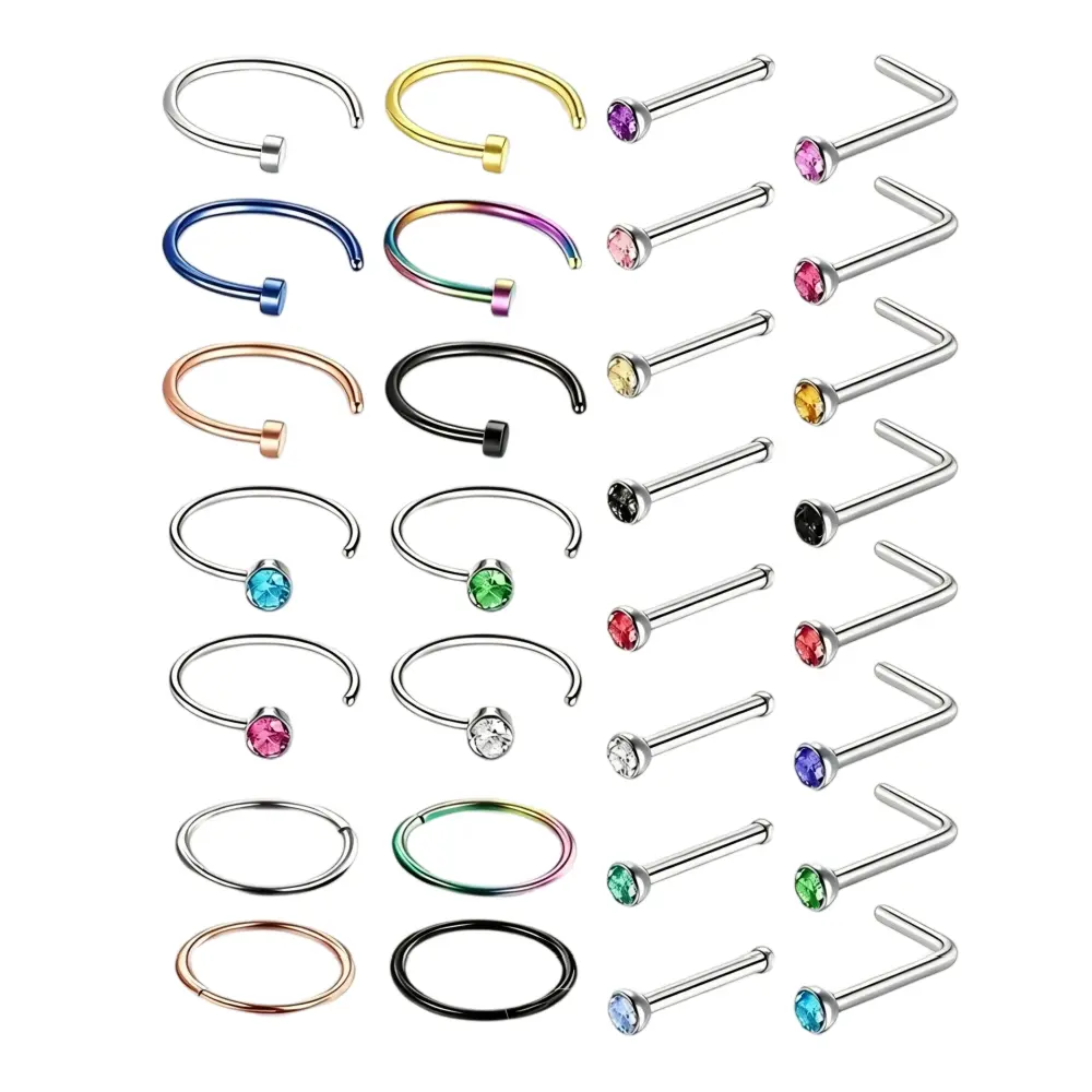 Hypoallergenic Nose Rings for Women Men 28Pcs /30Pcs 316L Surgical Stainless Steel Nose Rings Studs L Shaped/Corkscrew/Straight Studs Rings Cubic Zirconia Labret Lip Nose Nostril Piercing Jewelry 18G 20G