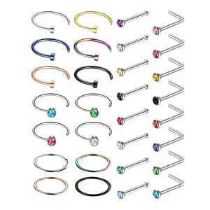 Hypoallergenic Nose Rings for Women Men 28Pcs /30Pcs 316L Surgical Stainless Steel Nose Rings Studs L Shaped/Corkscrew/Straight Studs Rings Cubic Zirconia Labret Lip Nose Nostril Piercing Jewelry 18G 20G
