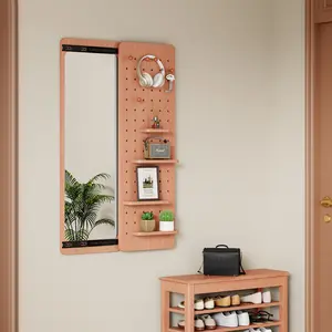 Wall Mounted Full Length Mirror, Full Body Mirror with Shelf, Full Body Mirror with Hook Wall Mounted Mirror with Multifunctional Design Panel, Bedroom/Living Room/Entrance cherry(47.6*15.7in)
