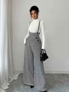 Women's Knitted Plaid Print Belted Pants, Elegant Fall/Winter Fashion, Long Pants with Front Zipper and Pockets, Casual Commuter Wear,Trending casual women's wear, new fashionable styles, holiday outfits