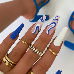 24 Piece Blue Skyline Pattern Press On Nails beginner nailkit handmade acrylic press-on nail false nail almond press