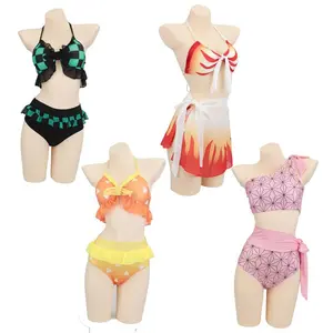 Anime Demon Slayer Swimsuit Bikini with Kimono Cover Up Women Nezuko Shinobu Cosplay Kimetsu No Yaiba Swimwear Sexy Bathing Suit