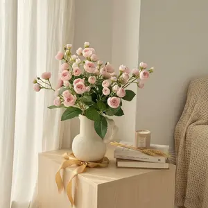 12-Branch Camellia Flower Bouquet Artificial Tea Buds Fake Flowers for Wedding Home Decor Hotel Photo Shooting Props Table Centerpiece Arrangements Pink Silk Decorative Plants Ornaments