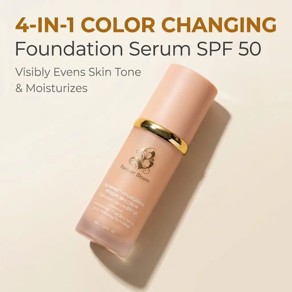 Forever Bloom Biomimic Foundation Sunscreen Serum SPF 50 - 4-in-1 Color Changing Liquid Foundation for Mature Skin, Moisturizing & Even Skin Toning, Medium Spectrum tone