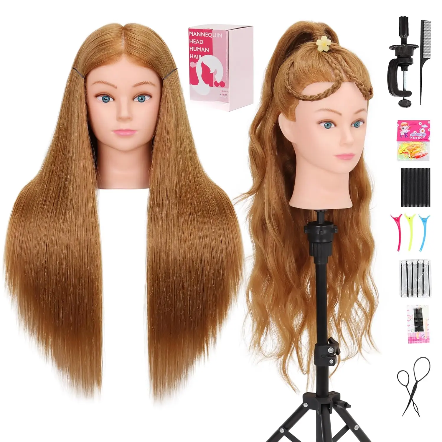 Mannequin  Human Hair for  - Manikin  With 80% Human Hair for Styling Practice, Manikin Practice  Hairdresser With Free Clamp Holder (#27-UB)