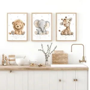 3 Pieces Optional Wooden Frame Safari, Animal Print, Giraffe Lion Elephant Baby Nursery Canvas Painting Print Set Bedroom Bedside Wall Pendant Fade-Resistant Ink Print Painting Thickened Wall Painting Color Accurate Reproduction Hanging Painting