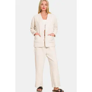 Zenana Quilted Button Up Long Sleeve Top and Pants Lounge Set