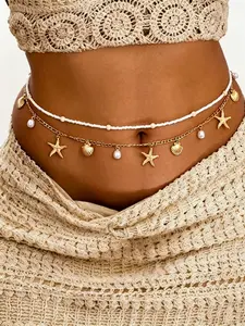Boho Beach Style Two-Layer Waist Chain, Rice Bead & Metal Chain Design, Starfish Shell Pearl Pendants, Perfect for Daily Wear, Travel, Parties
