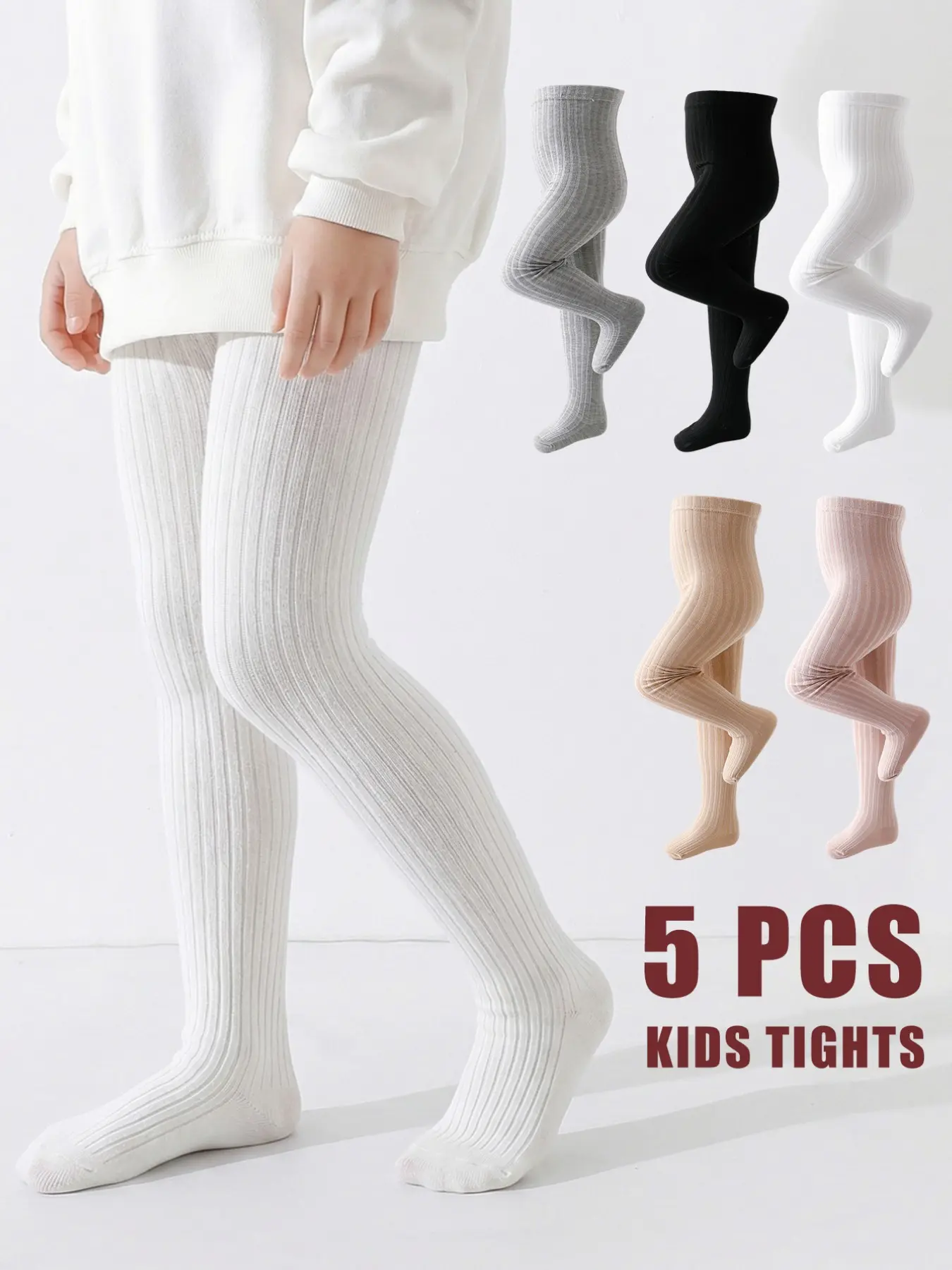 Girls' Jumpsuits Set of 5, Simple Basic Solid Color Design, Casual Versatile Fit for Spring & Fall Seasons, Comfortable Daily Wear, School Tights, Stretchy Tights