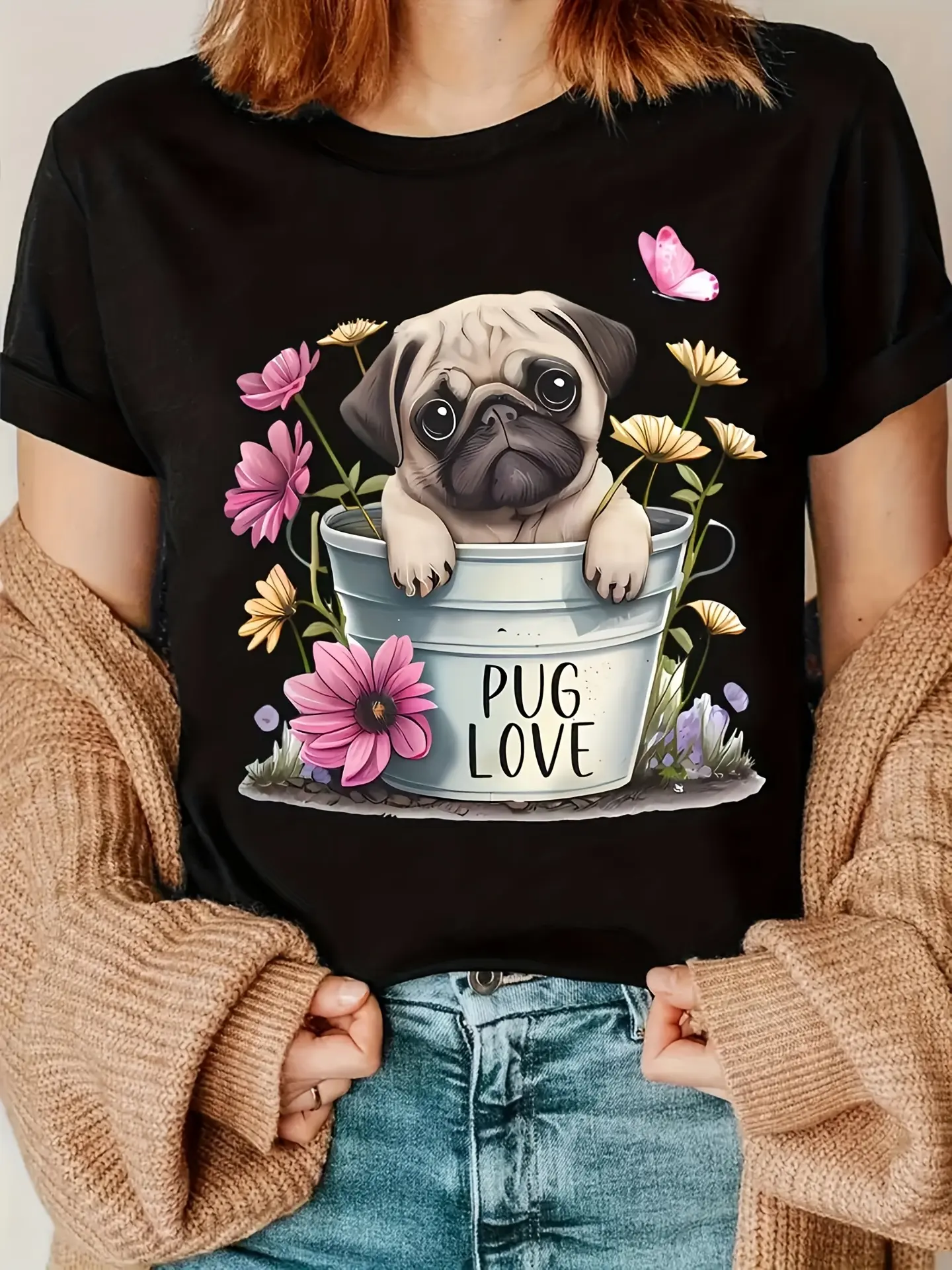 Women'S Cute Pug Graphic Tee, 100 Polyester Knit F unisex soft cotton short sleeve t shirt, vintage graphic casual tee for men women teens, perfect birthday holiday gift for camping travel gym daily street casual wear